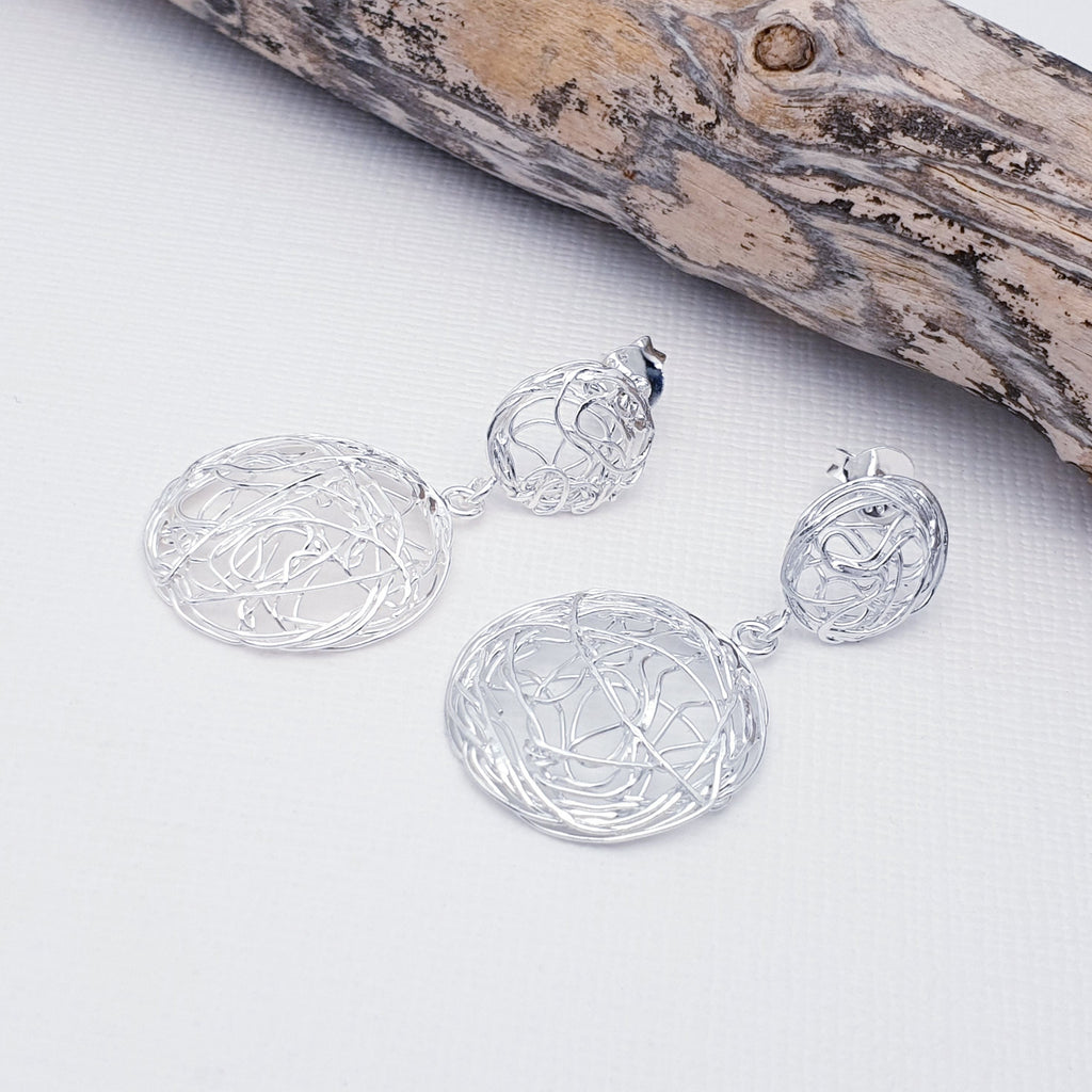 Sterling Silver Woven Wire Circle Stud Drop Earrings