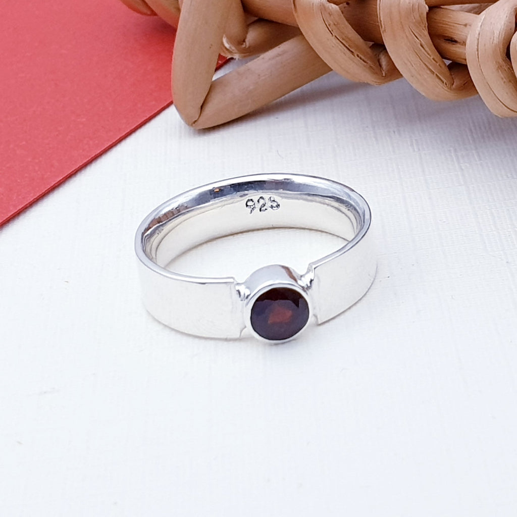 Garnet Sterling Silver Simple Flat Band Ring