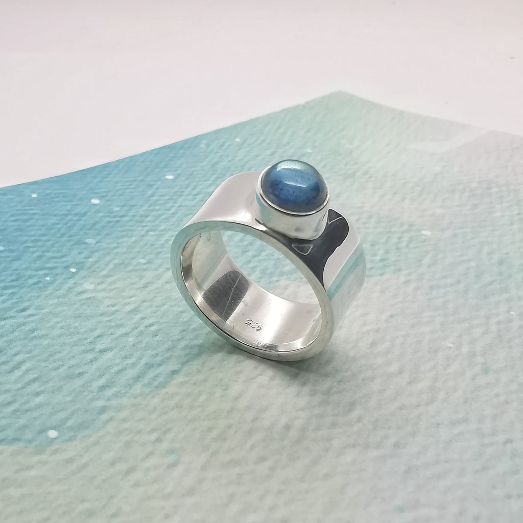 wide banded sterling silver and labradorite gemstone ring