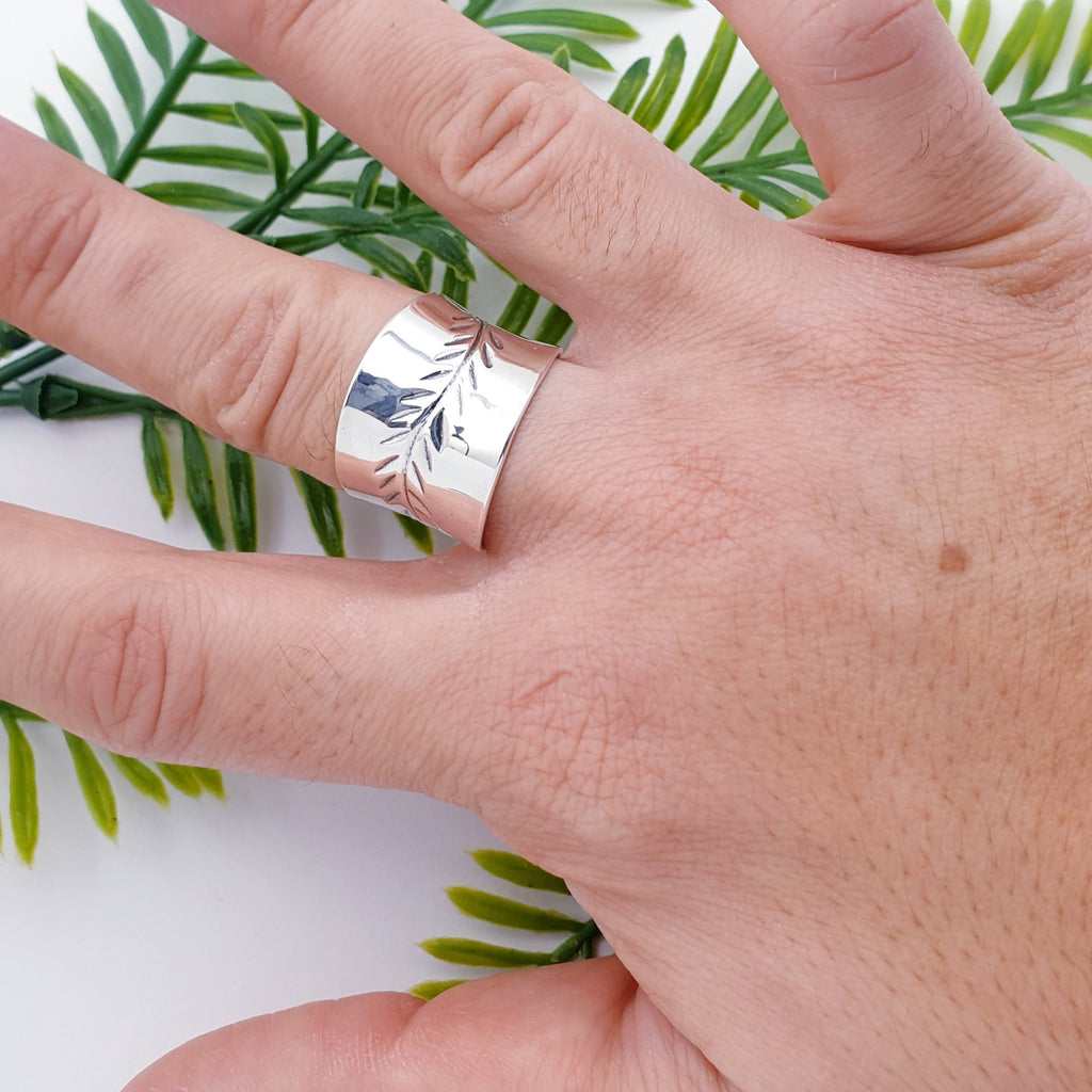 Sterling Silver Wide Band Nature Ring