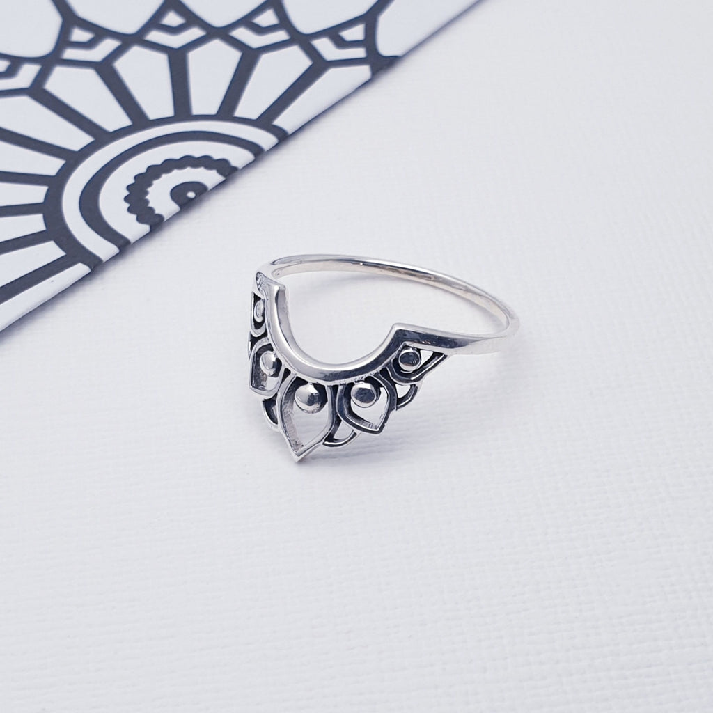 A beautiful design, this ring features an intricate cut out design enhanced by an oxidised finish and inspired by the popular Mandala. The Mandala is a symbol used in Buddhism and Hinduism which represents the Universe. Recently this has become a very popular design used in jewellery, clothing and accessories.