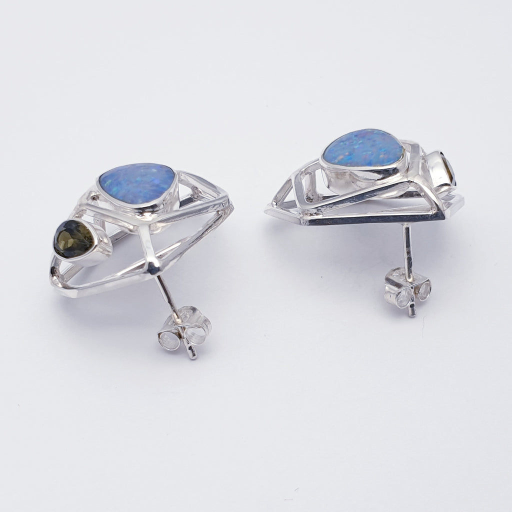 One-Off Opal and Green Tourmaline Sterling Silver Geo Stud Earrings