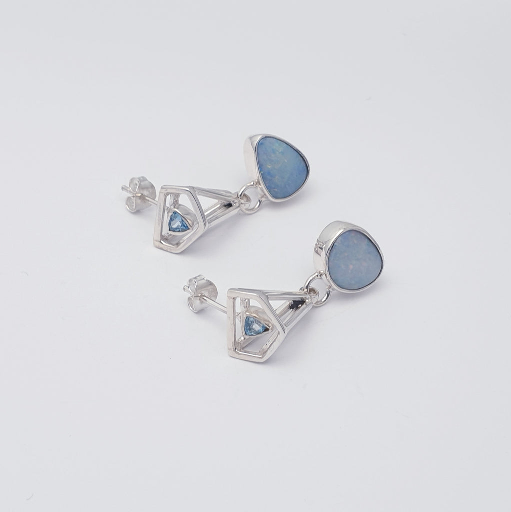 One-Off Opal and Blue Topaz Geo Sterling Silver Triangle Stud Earrings