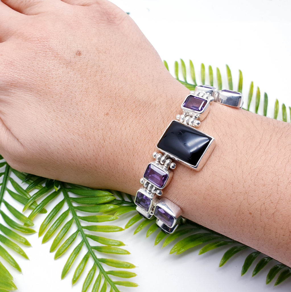 One-off Onyx and Amethyst Sterling Silver Multistone Bracelet