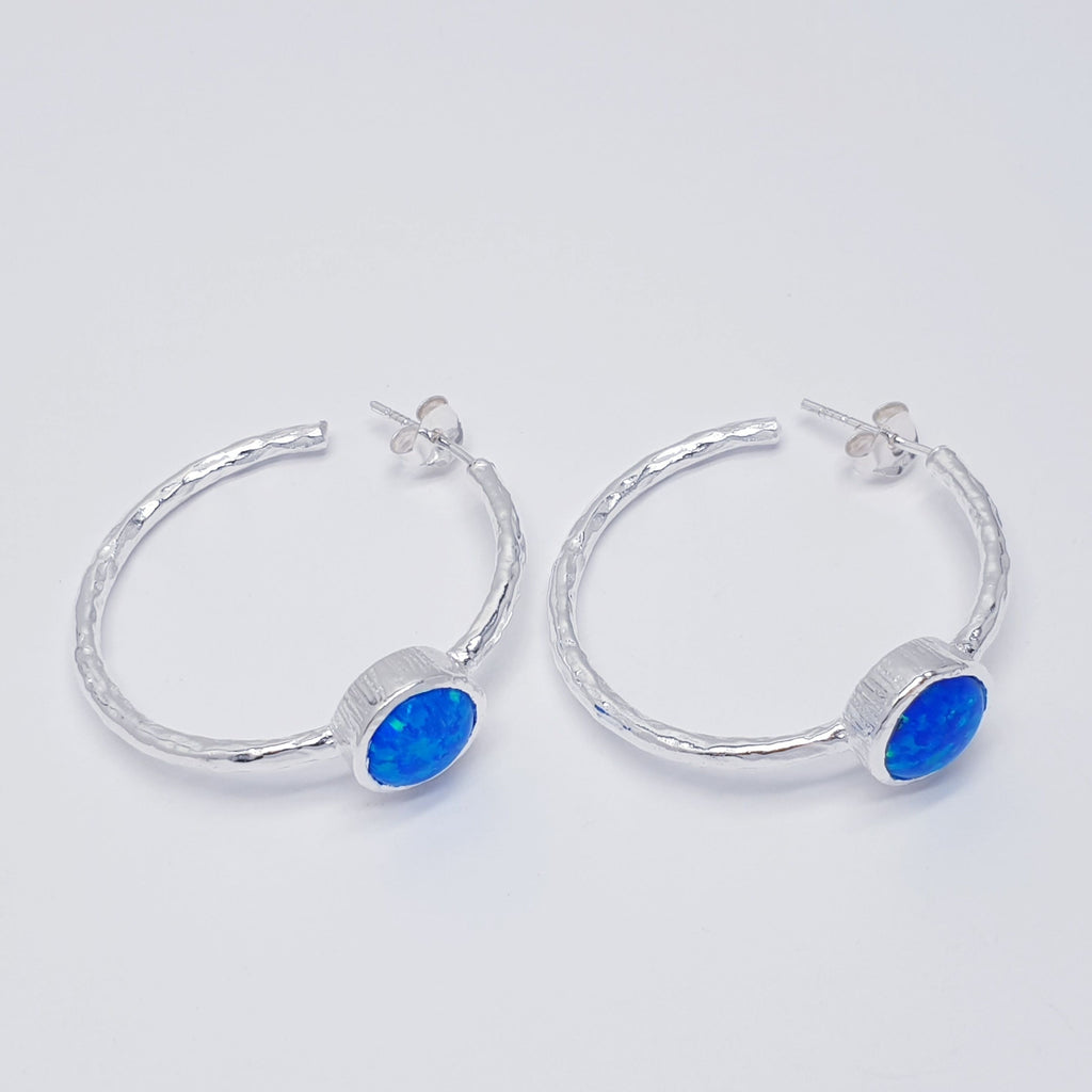 Reconstituted Opal Sterling Silver Hammered Half Hoops