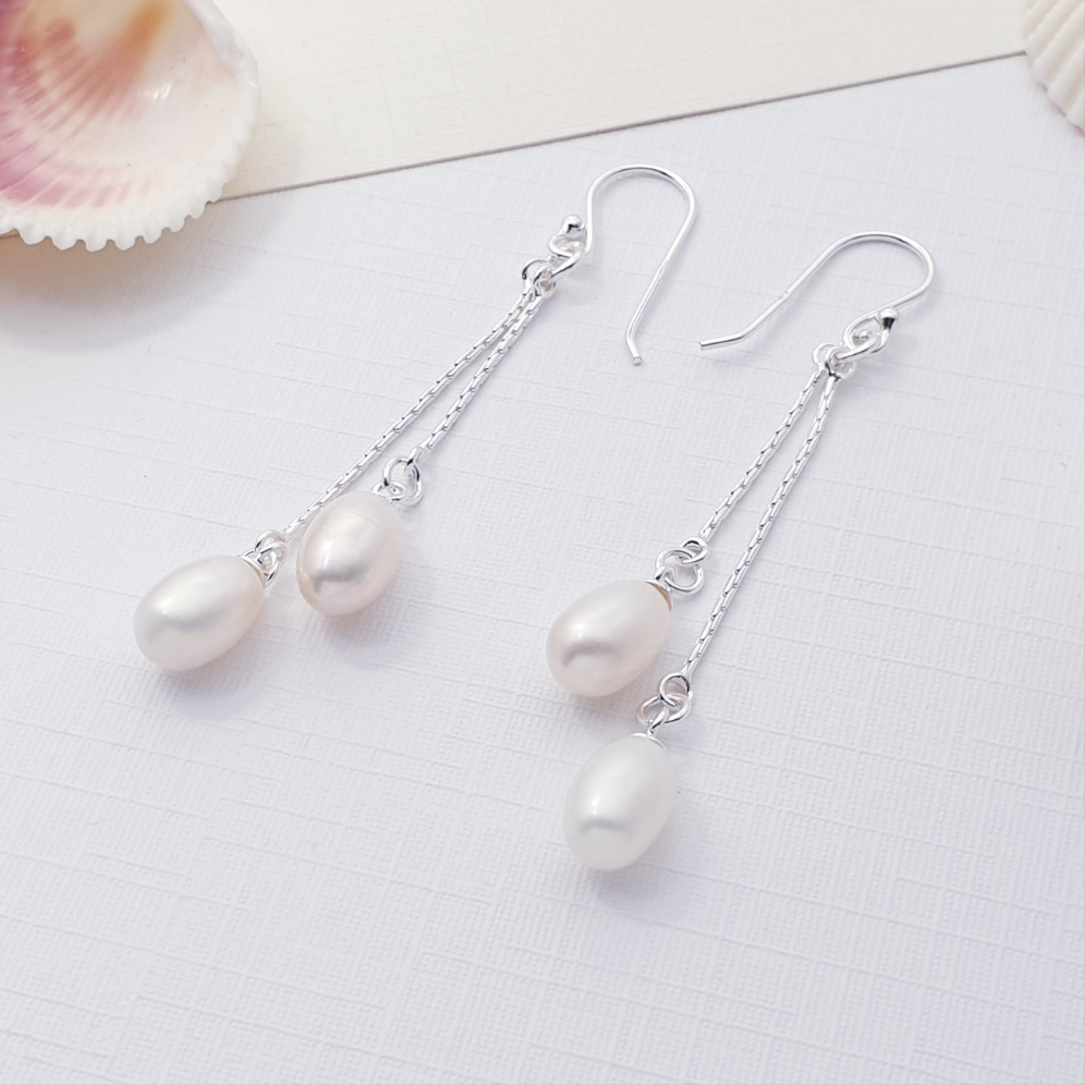 Pearl Sterling Silver Double Drop Earrings