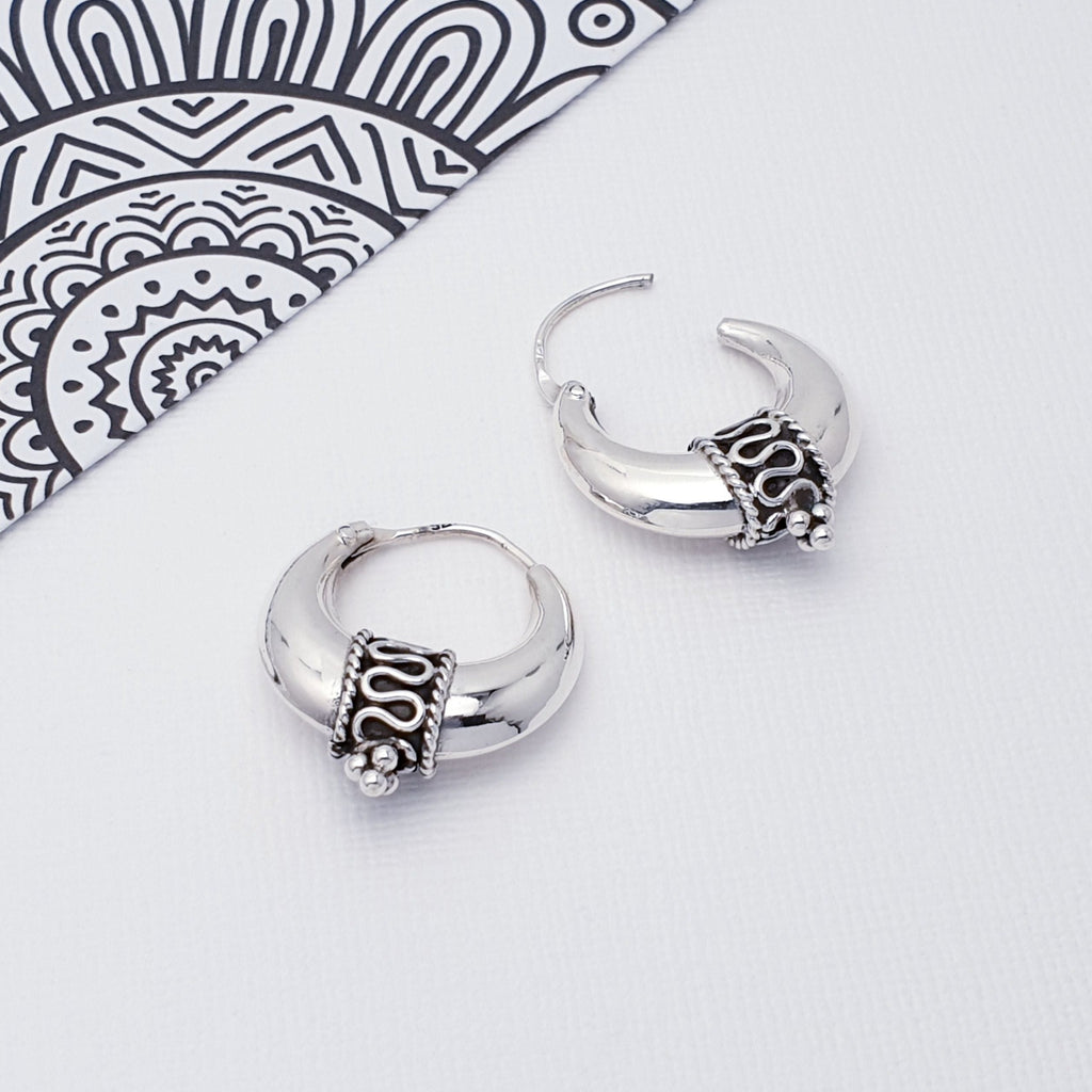 Our Silver Sterling Silver Chunky Balinese Hoops are ideal for everyday wear and can transition effortlessly from work to play.  These statement Sterling Silver hoops feature beautiful, Bali style intricate detailing. An oxidised finish adds depth and presence to the design.