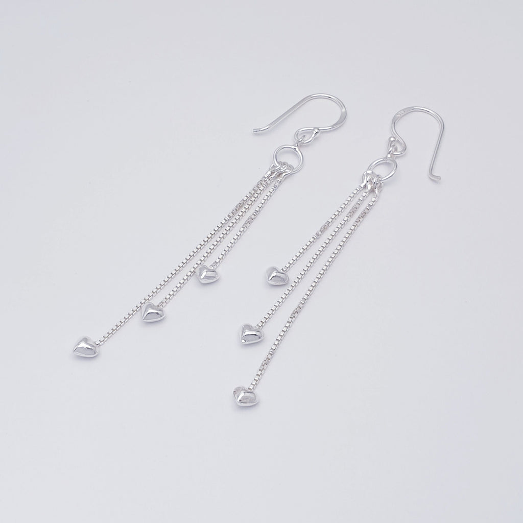Sterling Silver Long Tassel Hearts Earrings