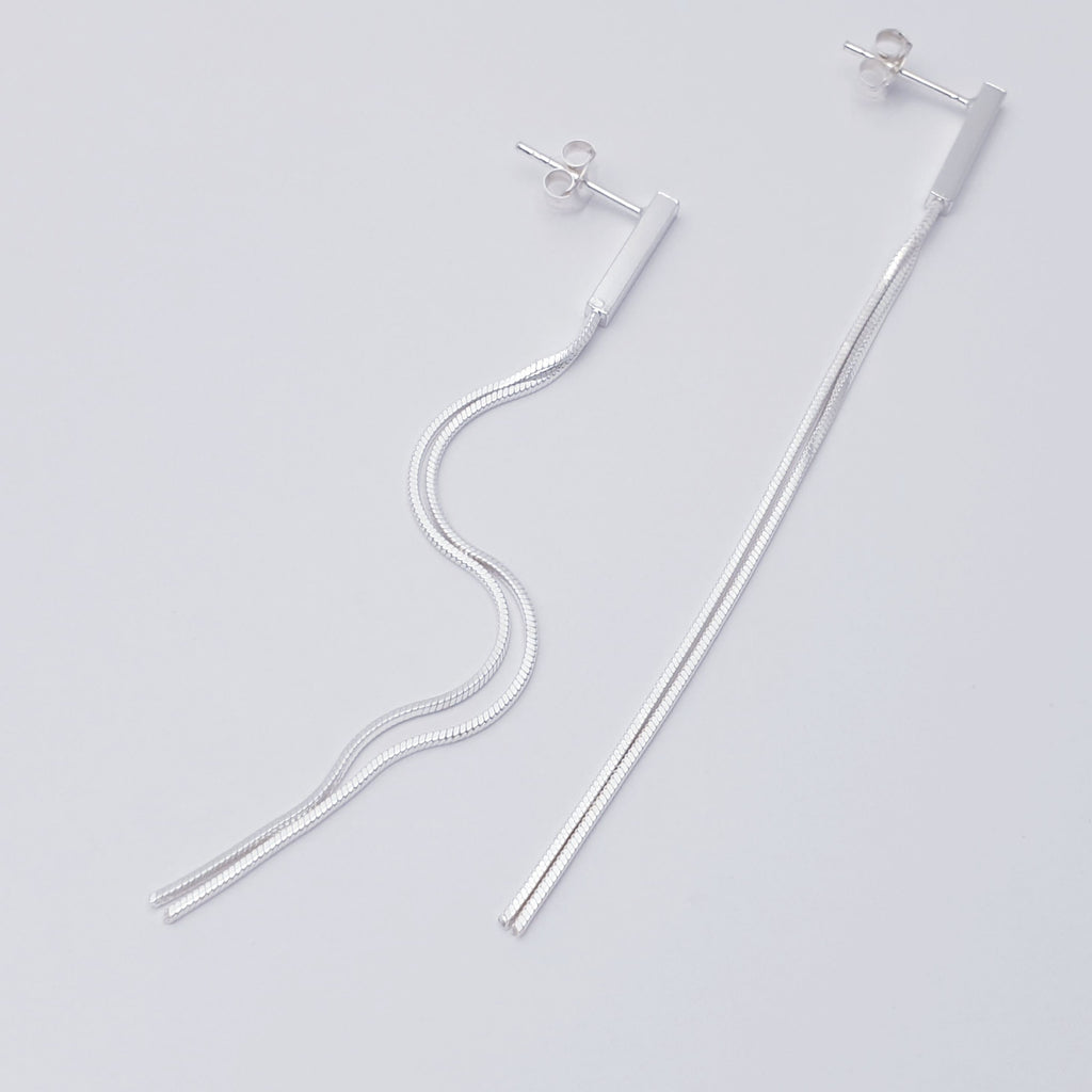 Sterling Silver Long Fine Box Chain Stud Drop Earrings