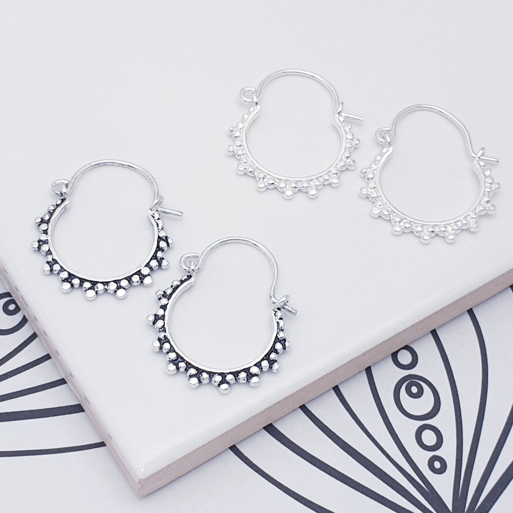 Sterling silver hoops in bohemian style, one pair oxidised and one pair polished. 