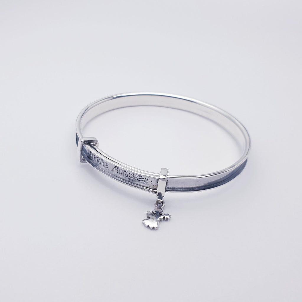 Sterling silver bangle with engraved little angel and delicate angel charm