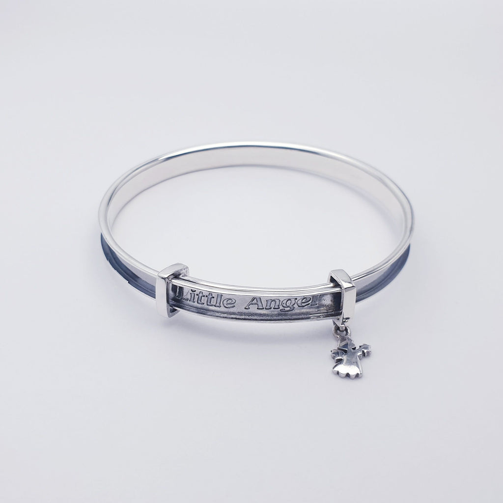 Sterling silver bangle with engraved little angel and delicate angel charm