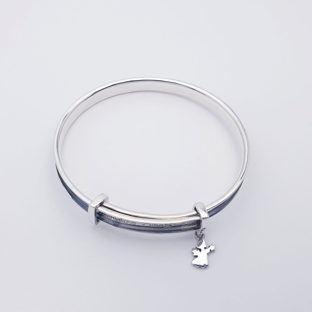 Sterling silver bangle with engraved little angel and delicate angel charm