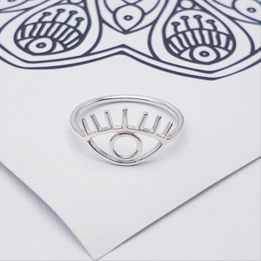 dainty sterling silver mystic eye ring displayed on a white background