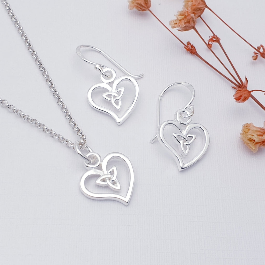 handmade heart and celtic knot sterling silver earrings and pendant jewellery set.