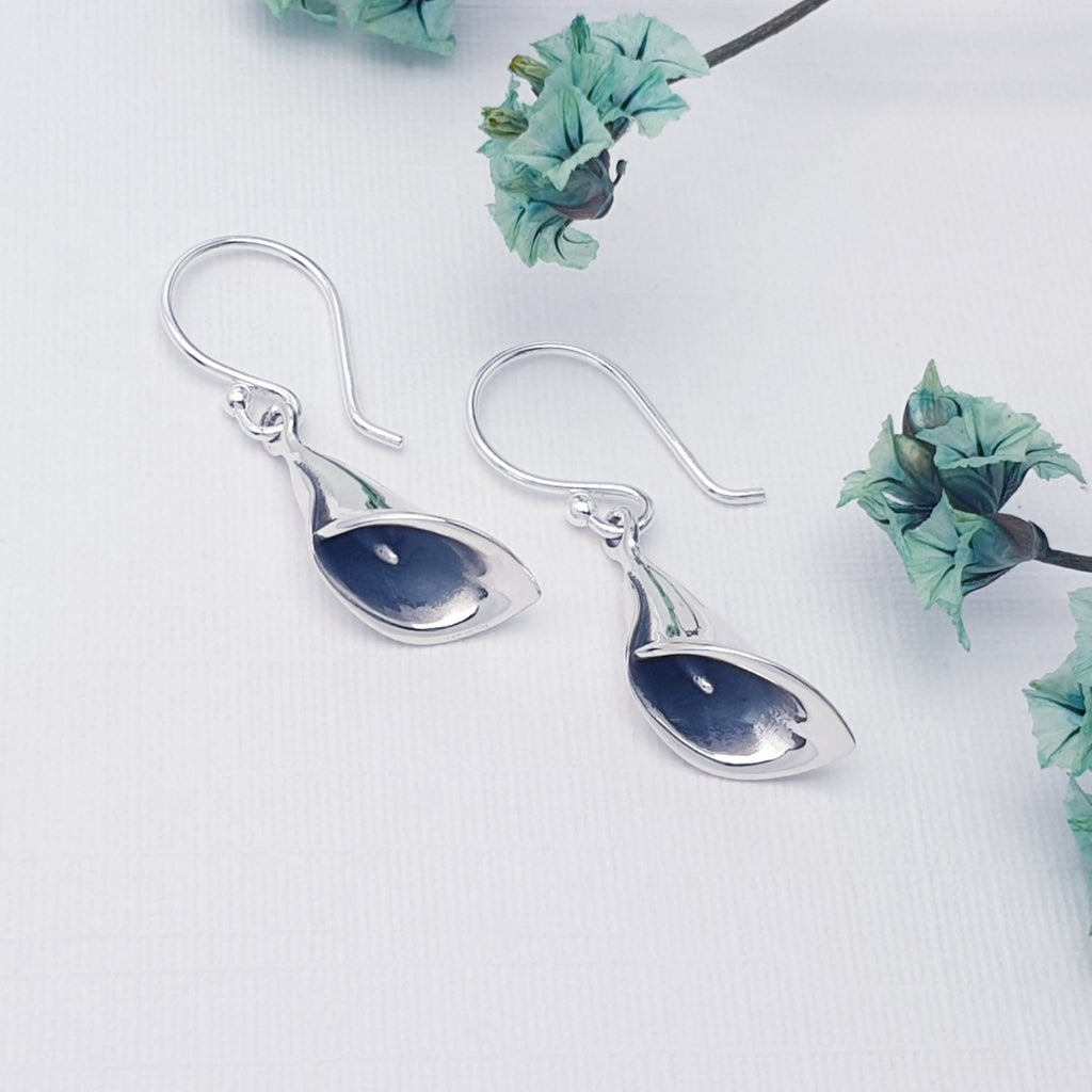 Handmade Sterling silver lily earrings, May Birthflower gift.