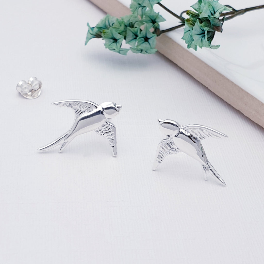 beautiful swift bird stud earrings handmade in polished sterling silver