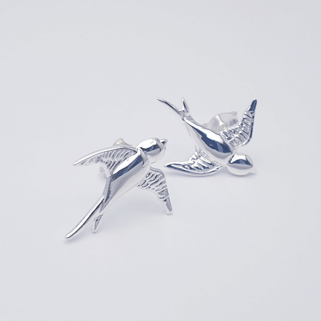 beautiful swift bird stud earrings handmade in polished sterling silver