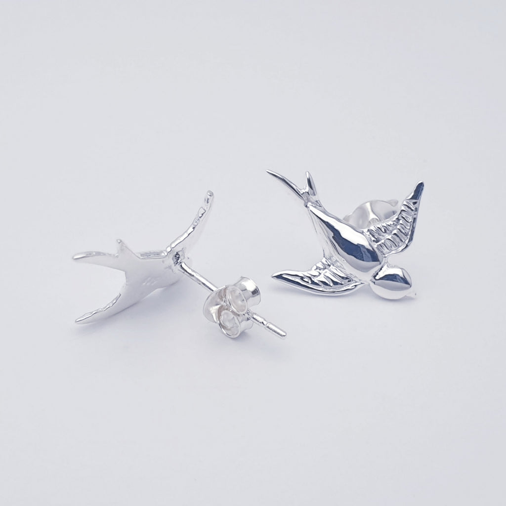 beautiful swift bird stud earrings handmade in polished sterling silver