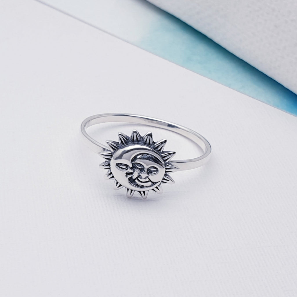 handmade, oxidised sterling silver sun and moon ring