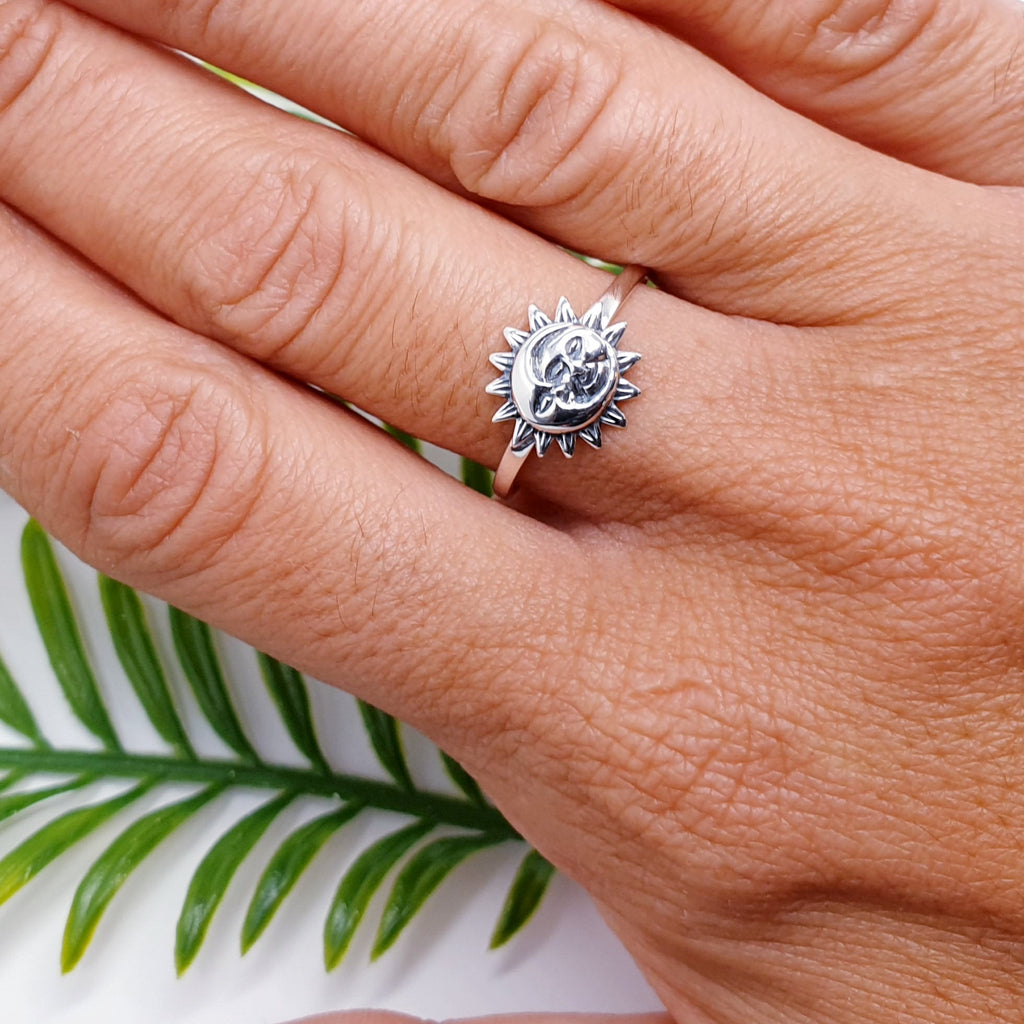 handmade, oxidised sterling silver sun and moon ring