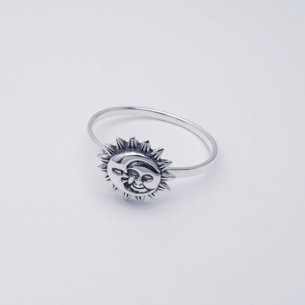 handmade, oxidised sterling silver sun and moon ring