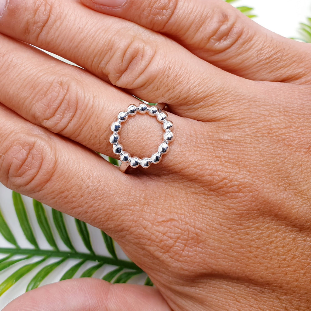 handmade sterling silver beaded circle ring.