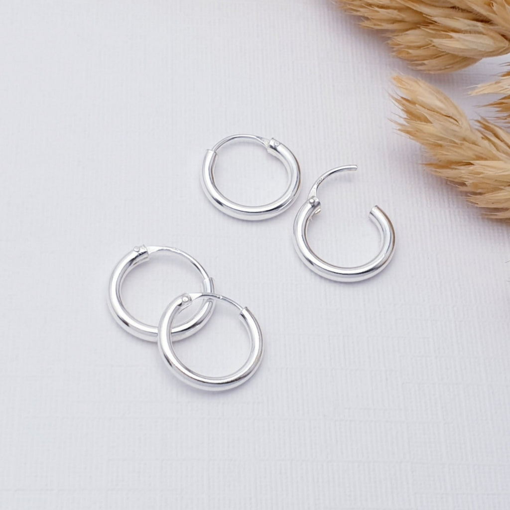 two pairs of sleeper hoops displayed on a white background with autumn foliage as decoration