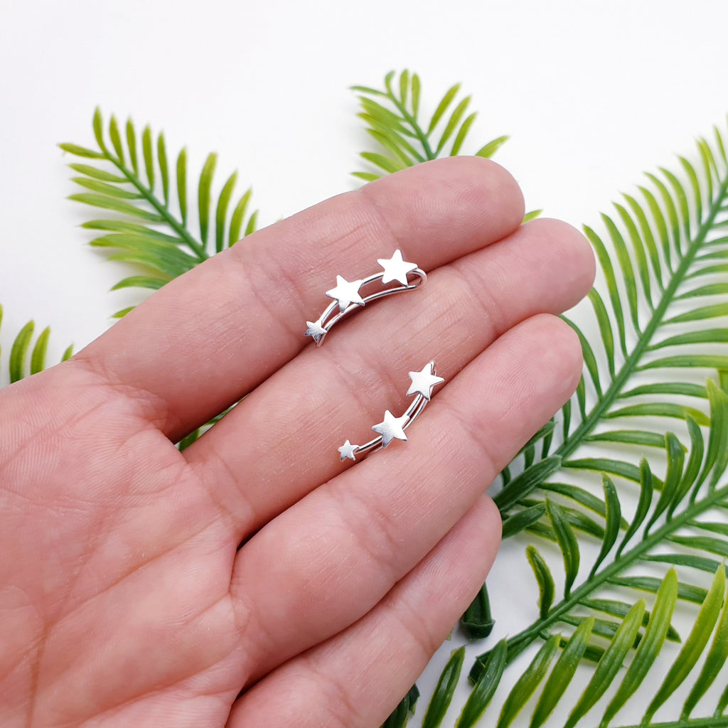 Silver star-shaped earrings on a hand with a green leafy background