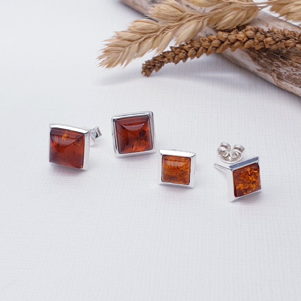 Toffee Amber Sterling Silver Small or Medium Square Studs