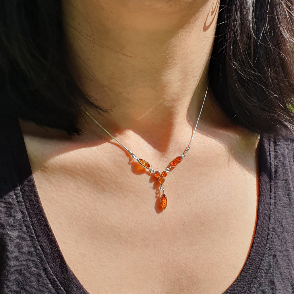 Toffee, Green or Mixed Amber Sterling Silver Tomira Necklace