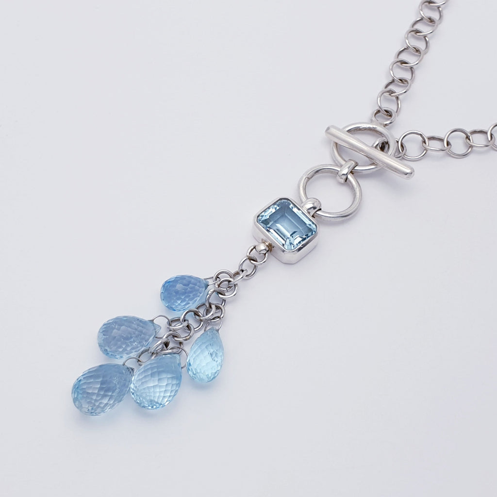 Blue Topaz Sterling Silver Cluster T-Bar Necklace 16"-17"