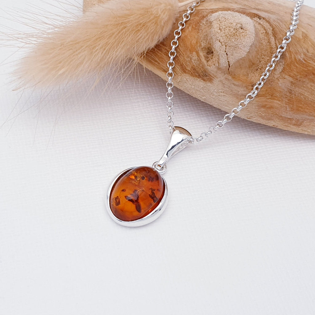 dainty oval vintage style amber pendant with sterling silver chain