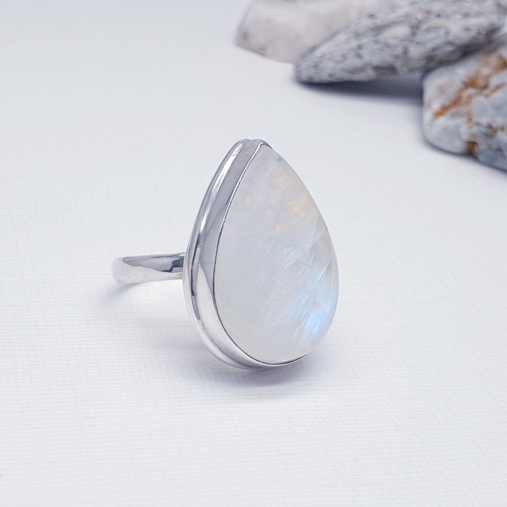 Large teardrop shaped moonstone ring