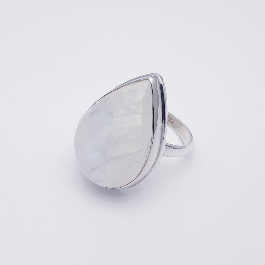 Large teardrop shaped moonstone ring side view
