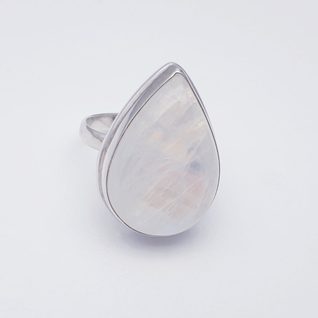 Large teardrop shaped moonstone ring front view
