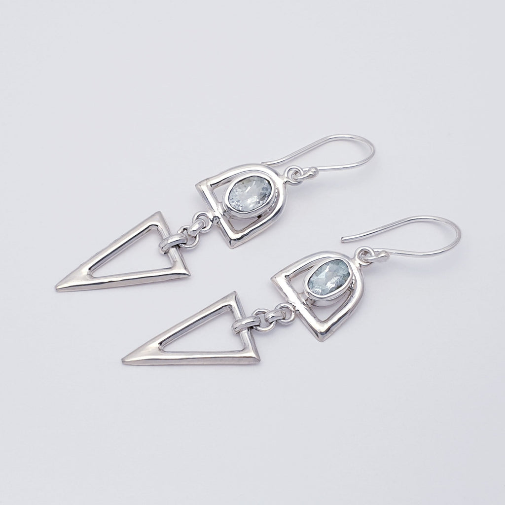 Blue topaz and sterling silver dangly drop triangular shape earrings