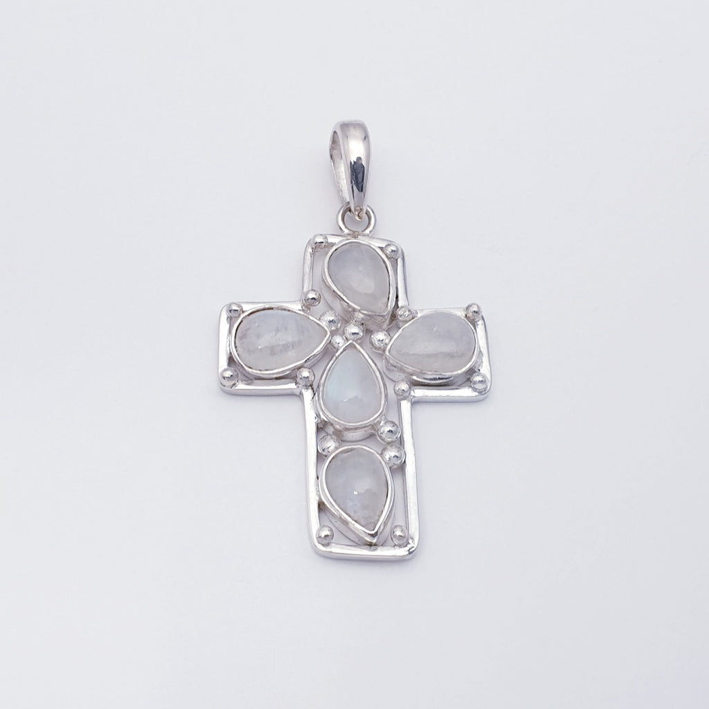 Sterling silver cross pendant with teardrop moonstone gemstones