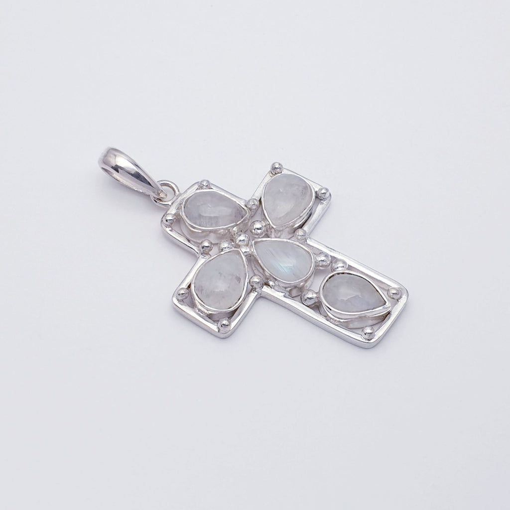 Sterling silver cross pendant with teardrop moonstone gemstones