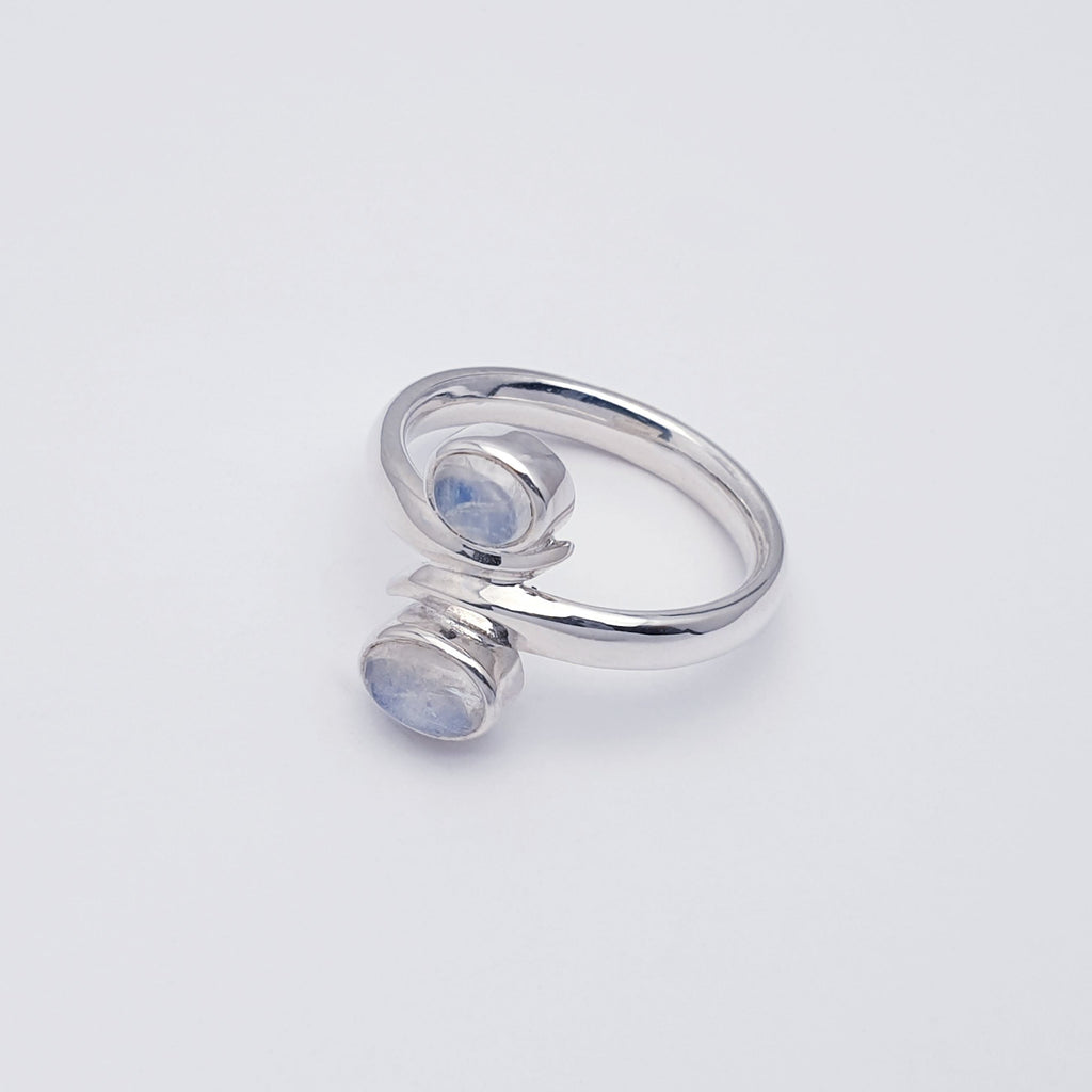Double moonstone gemstone and sterling silver ring side view