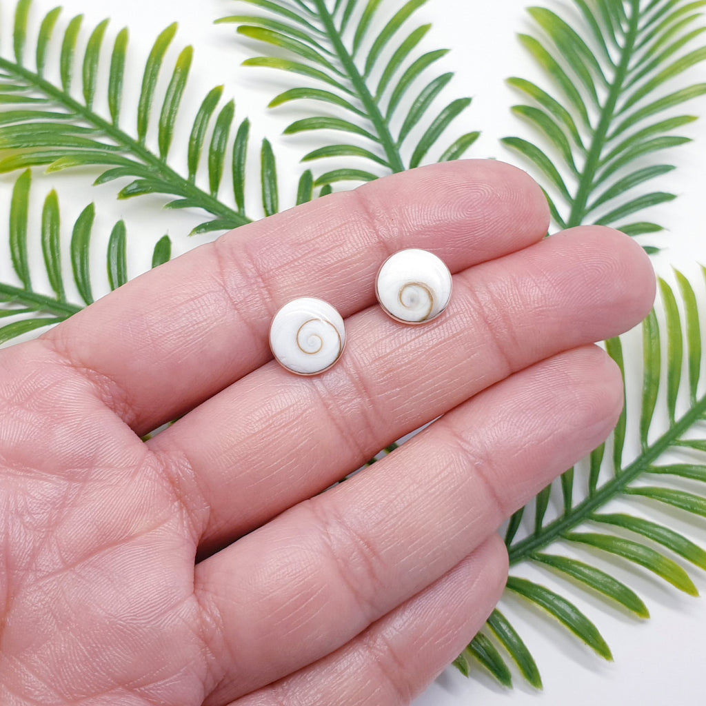 two white sea shell sterling silver studs in a hand
