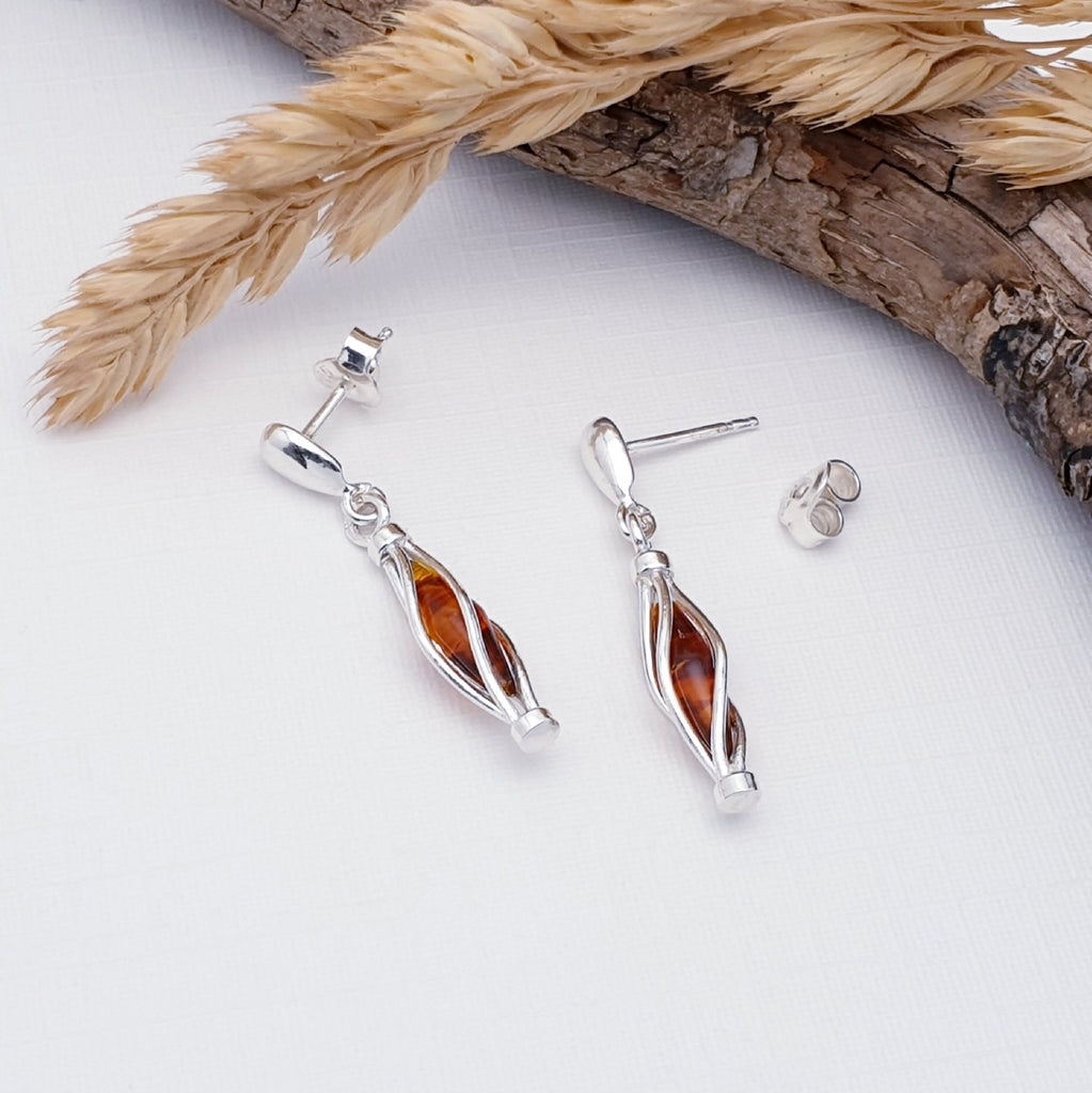 Baltic Toffee Amber Sterling Silver Raindrop Stud Drop Earrings with driftwood foliage