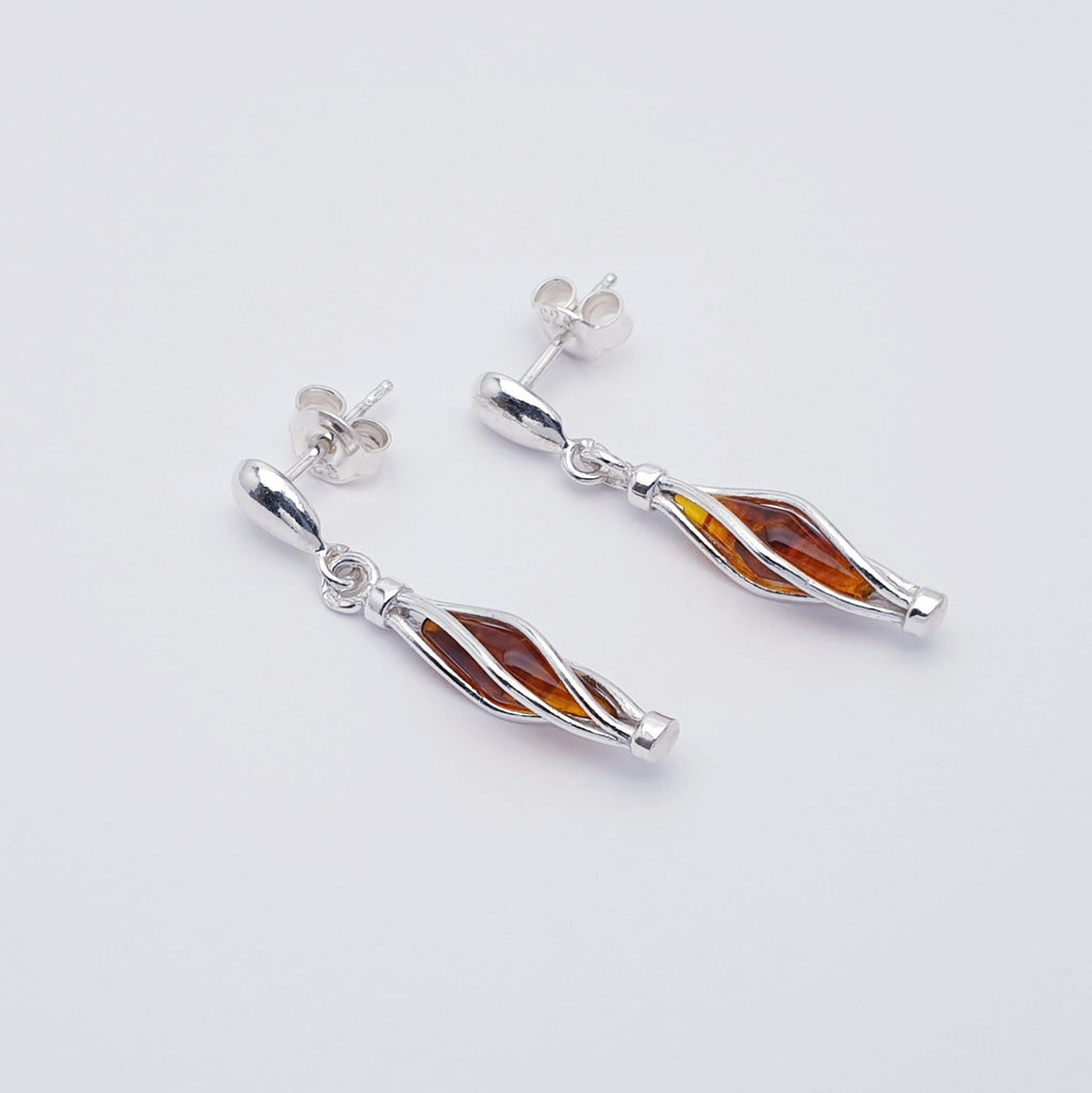 Baltic Toffee Amber Sterling Silver Raindrop Stud Drop Earrings flat lay