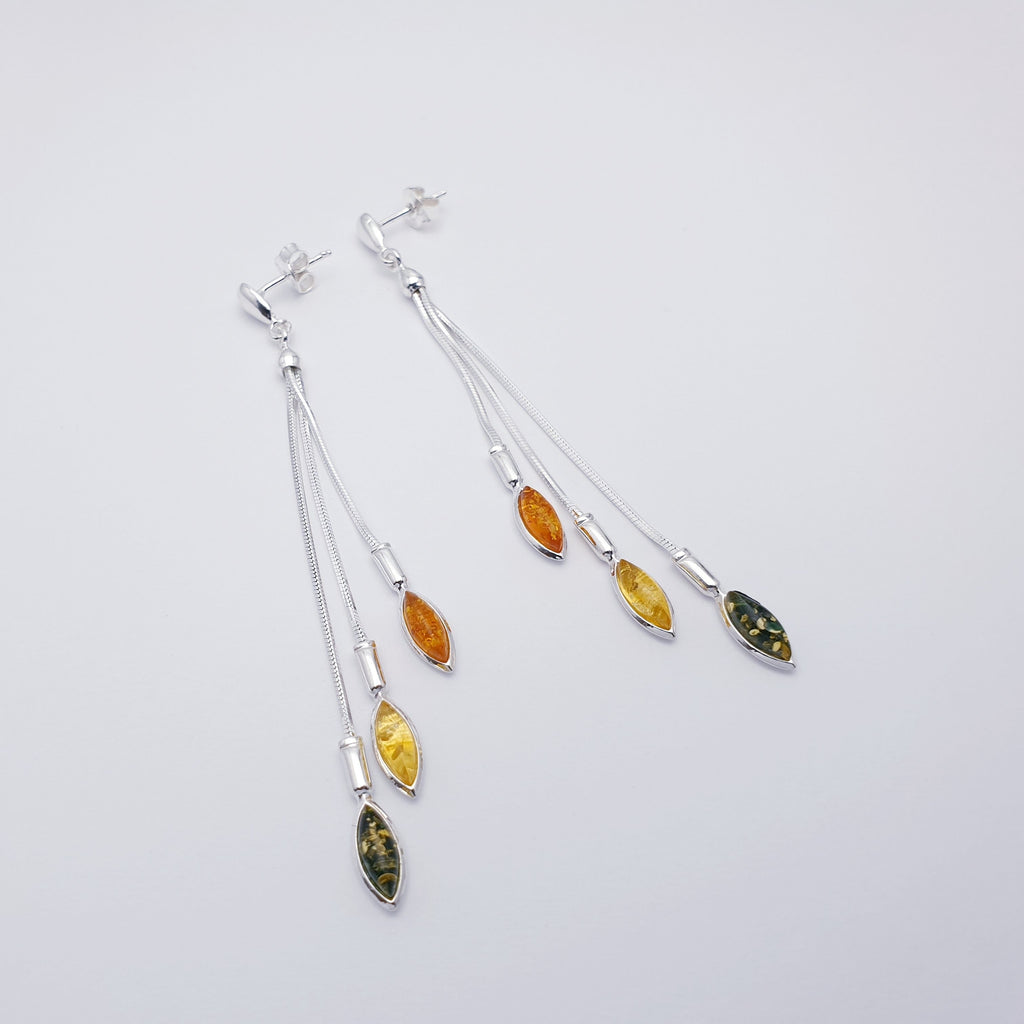 Mixed Amber Sterling Silver Long Cascading Stud Drop Earrings