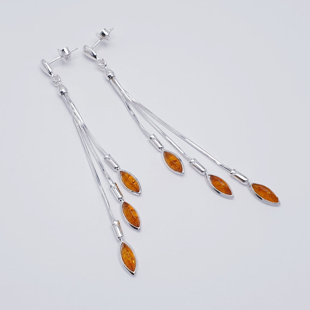 Toffee Amber Sterling Silver Long Cascading Stud Drop Earrings