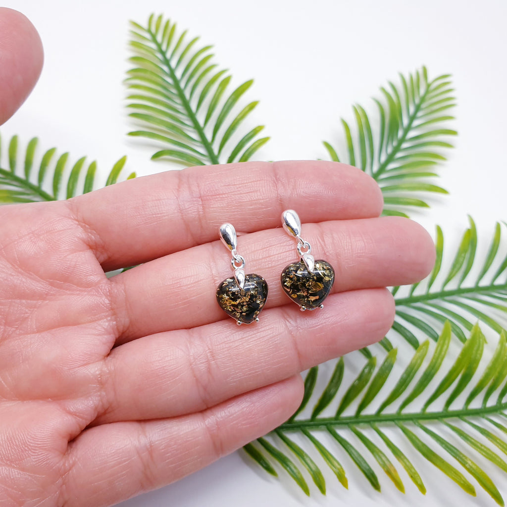 Toffee or Green Amber Sterling Silver Heart Stud Drop Earrings