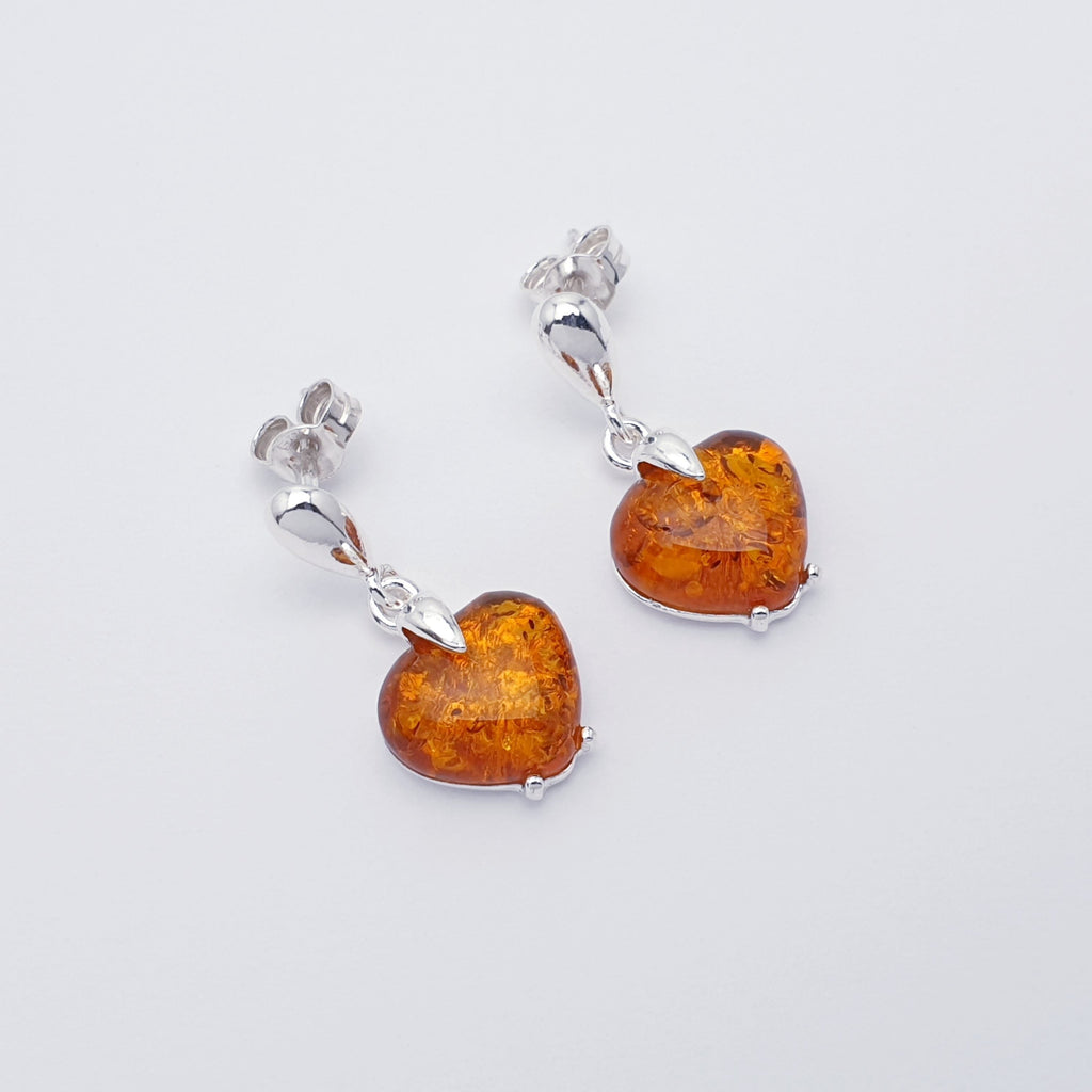 Toffee or Green Amber Sterling Silver Heart Stud Drop Earrings