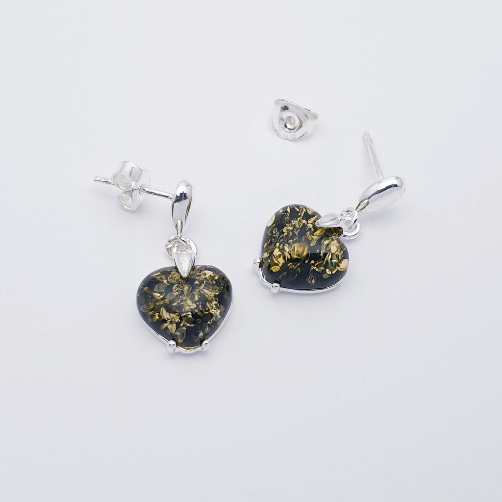 Toffee or Green Amber Sterling Silver Heart Stud Drop Earrings