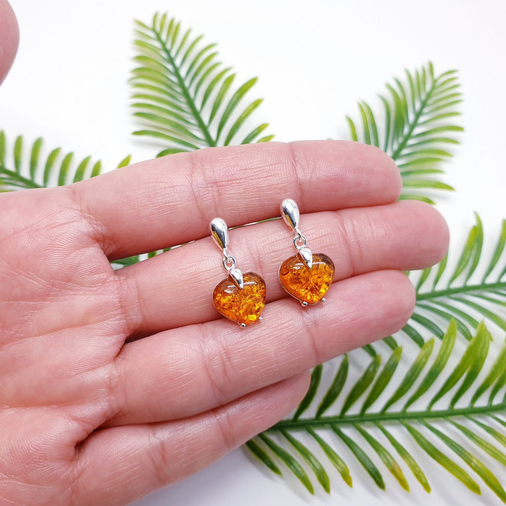 Toffee or Green Amber Sterling Silver Heart Stud Drop Earrings