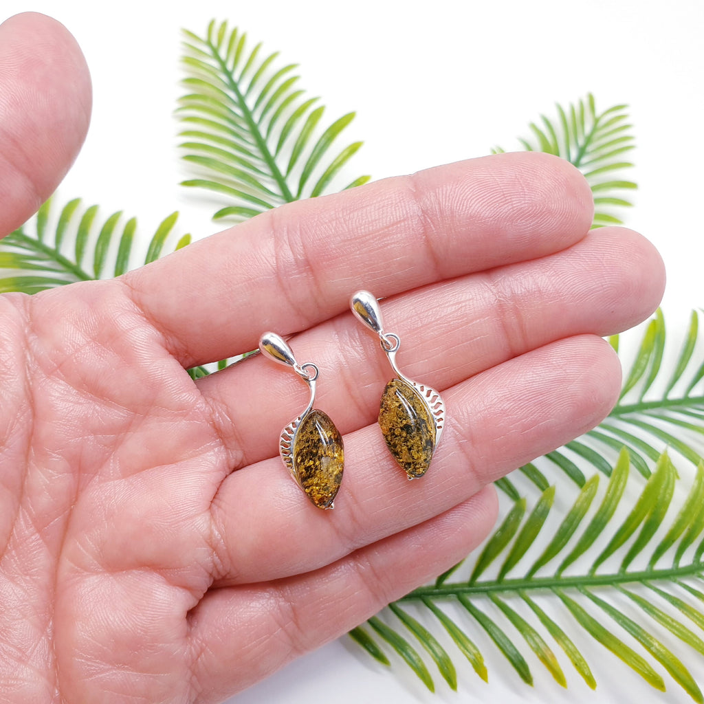 Toffee or Green Amber Sterling Silver Tetra Stud Drop Earrings